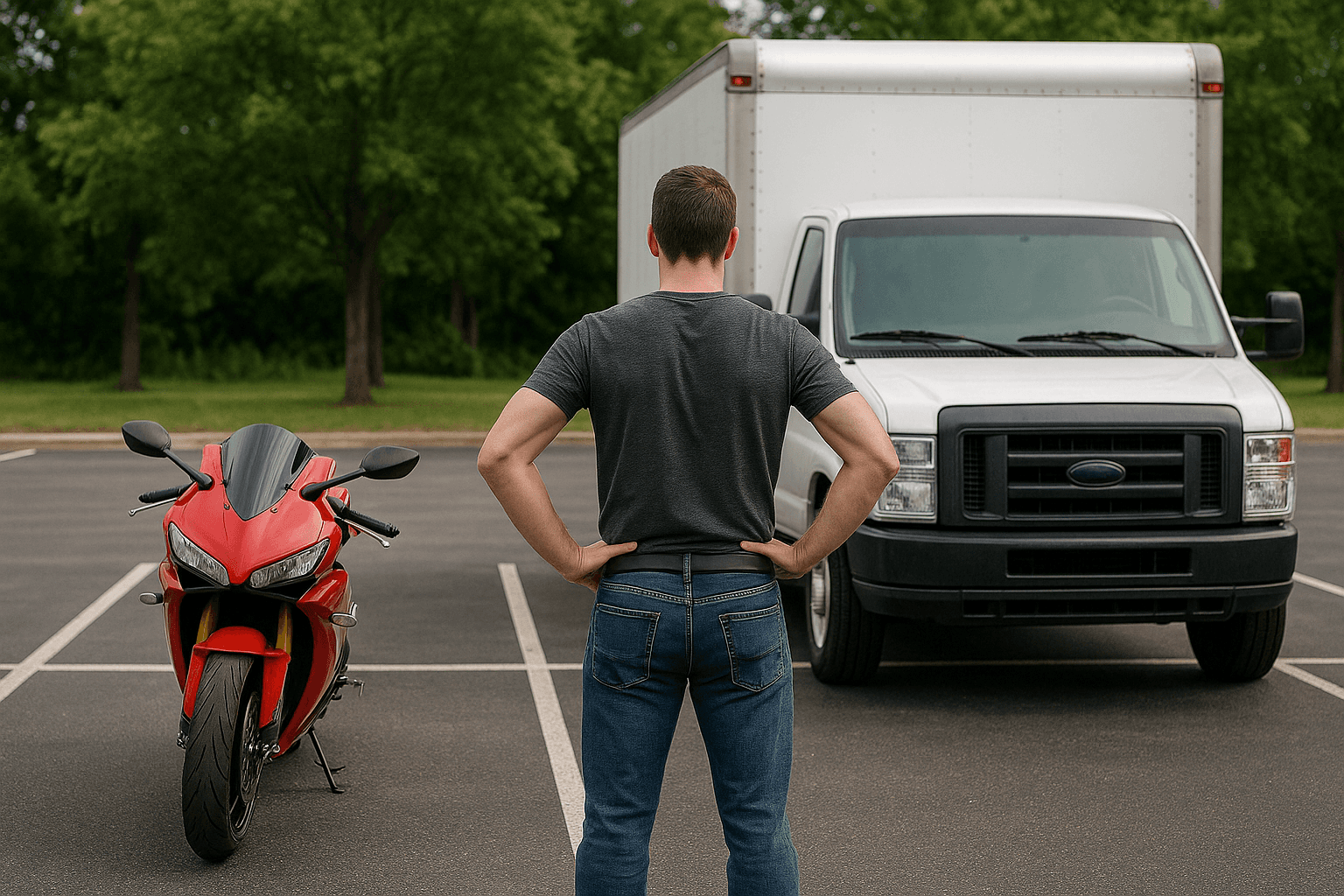 A person choosing between a red motorcycle and a white box truck