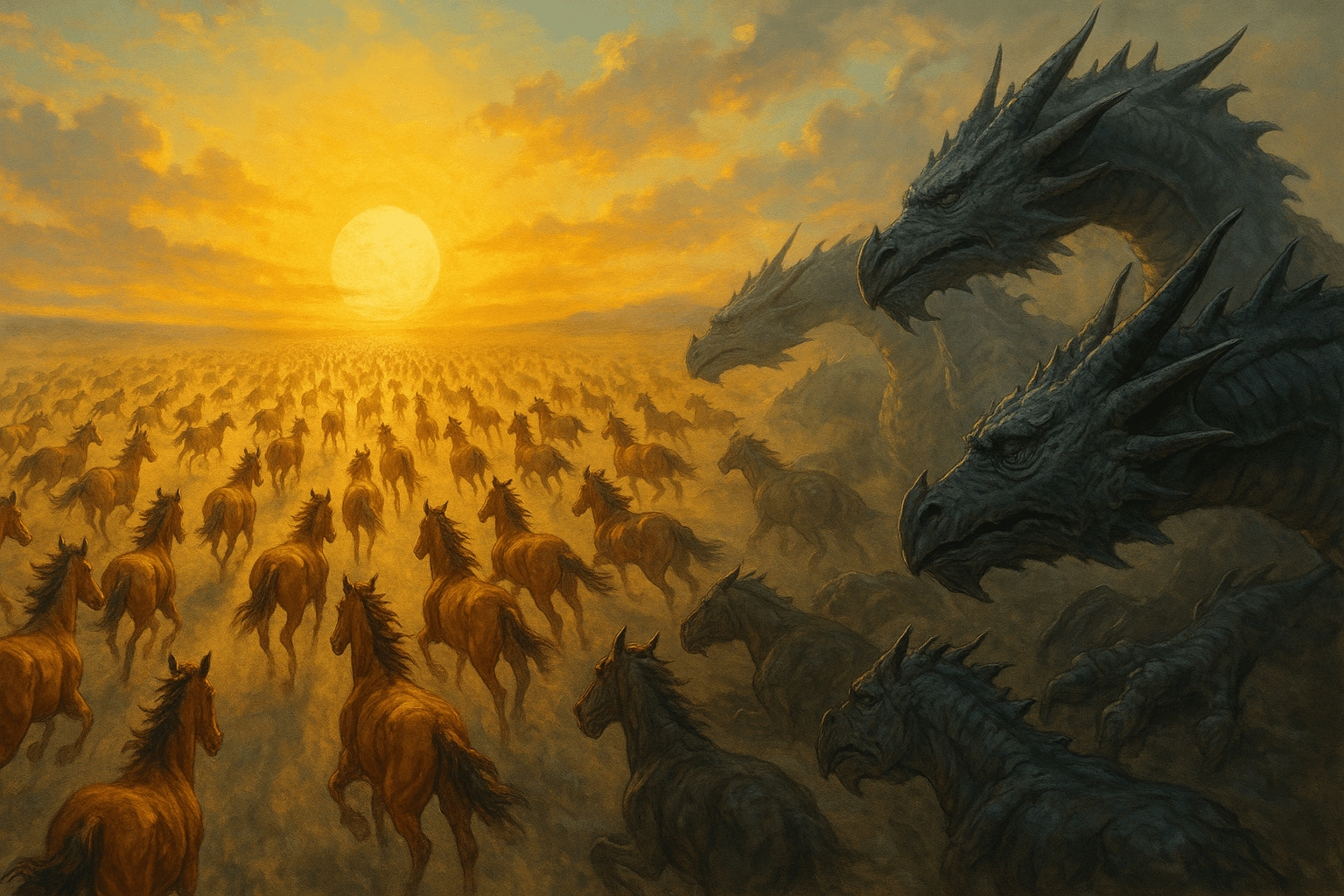 A herd of horses running toward the sunrise while dragons loom behind them
